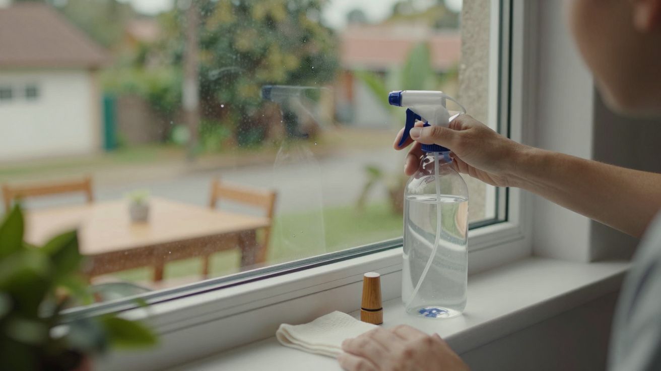Pessoa a limpar janela com spray e pano, vista de mesa e vegetação do lado de fora.
