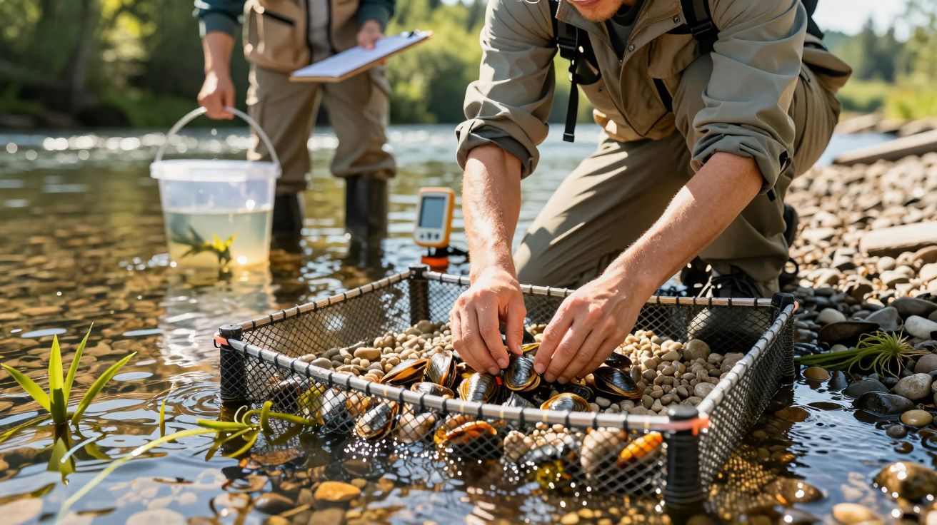 Dois cientistas recolhem mexilhões num rio, usando uma estrutura de rede e pedras para um estudo ambiental.