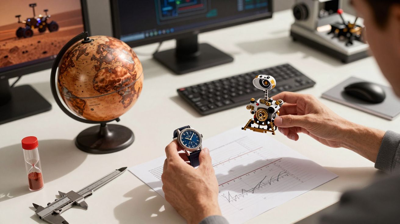 Homem examina robô e relógio numa mesa com globo de Marte, gráficos, ampulheta e monitores ao fundo.