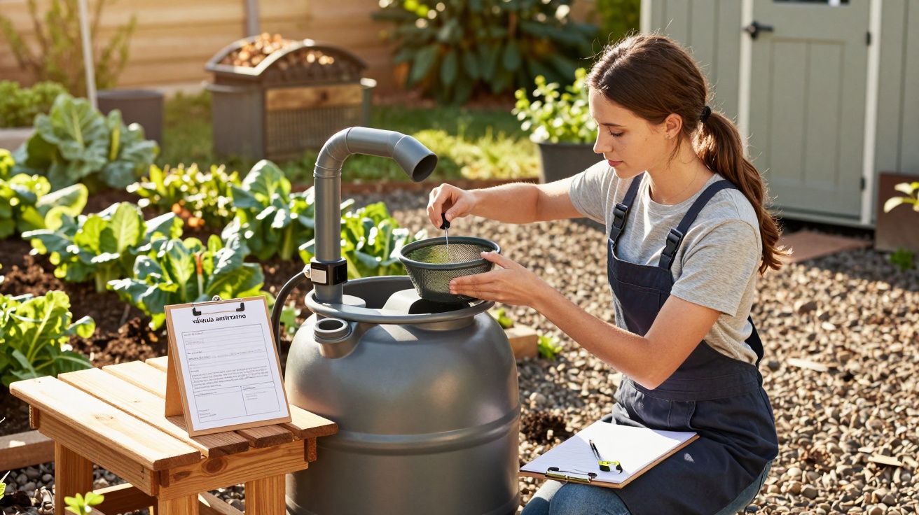 Mulher usando cisterna em jardim, segurando peneira, com prancheta ao lado. Plantações e casinha de jardim ao fundo.