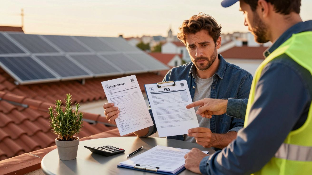 Homem discute faturas e impostos com técnico em telhado com painéis solares, mesa com planta e calculadora.