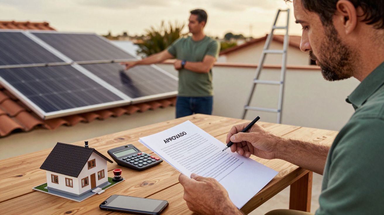 Homem revisa documento aprovado ao lado de modelo de casa e calculadora, enquanto outro instala painéis solares no telhado.