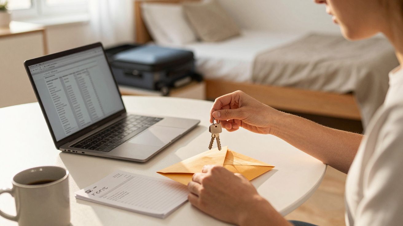 Pessoa em mesa, segurando chaves sobre envelope, com portátil aberto e papel, numa sala iluminada com mala ao fundo.