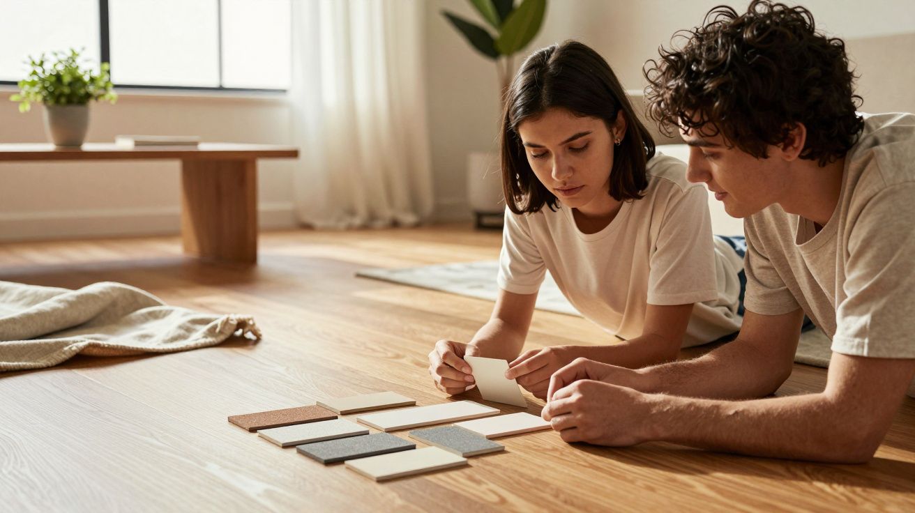 Duas pessoas deitadas no chão analisam amostras de cores numa sala iluminada, decorada com móveis de madeira e plantas.