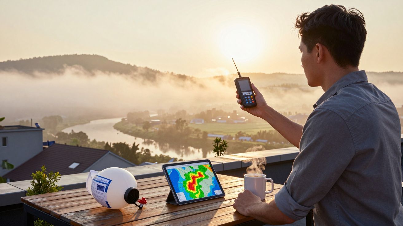 Homem observa tablet com mapa meteorológico em terraço, ao amanhecer, segurando um rádio transmissor.