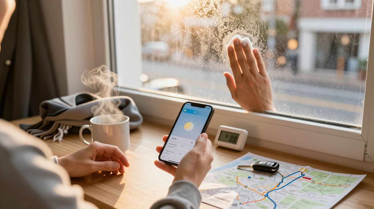 Pessoa segura smartphone e chá, toca no vidro. Na mesa, mapa, chaves, termómetro. Outro limpa a janela.