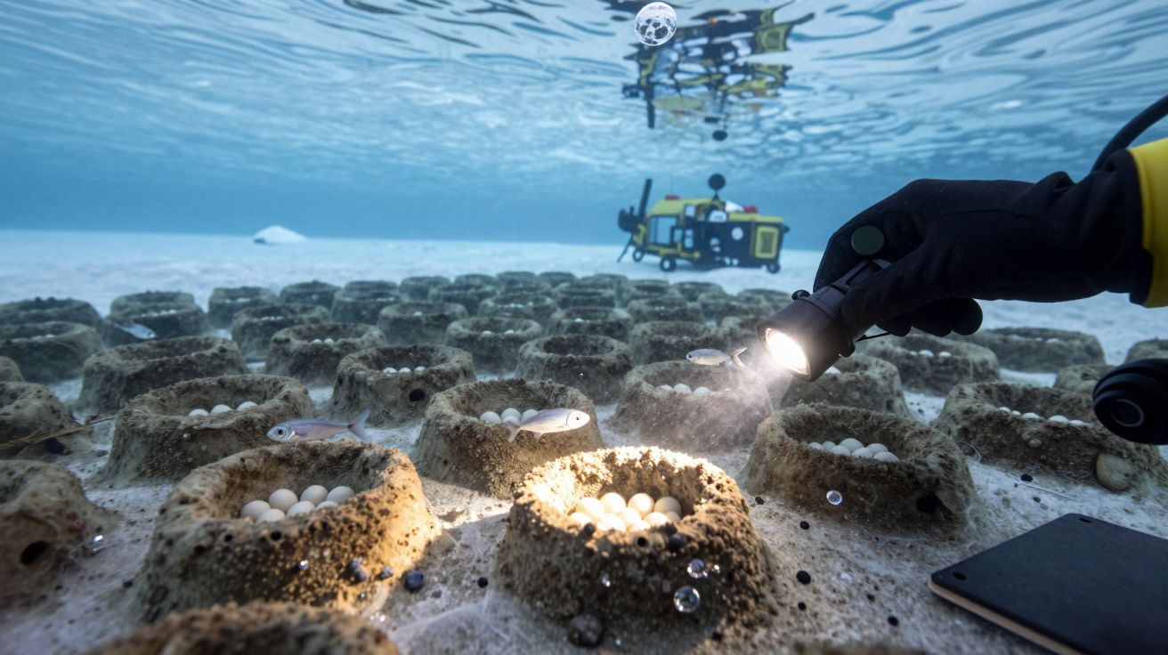 Mão com luva ilumina recifes artificiais subaquáticos com peixes e ovos, veículo remoto ao fundo.