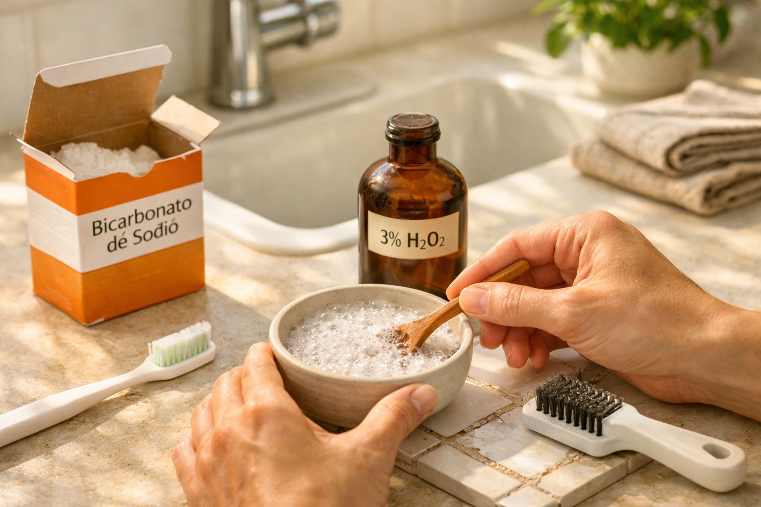 Mãos a misturar espuma numa tigela branca junto a uma garrafa âmbar, escova de dentes e toalhas numa casa de banho.
