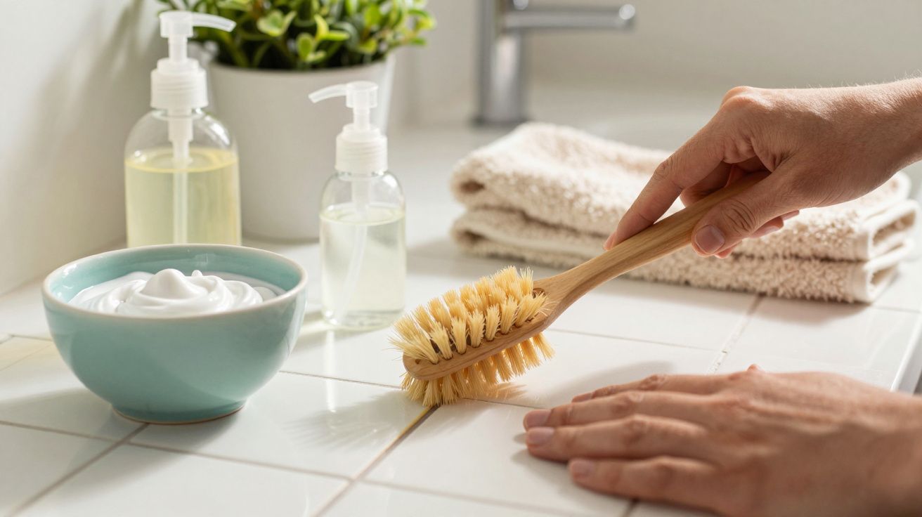 Mão limpa azulejos brancos com escova de madeira. Sabonete líquido e crema ao lado de uma toalha na bancada.