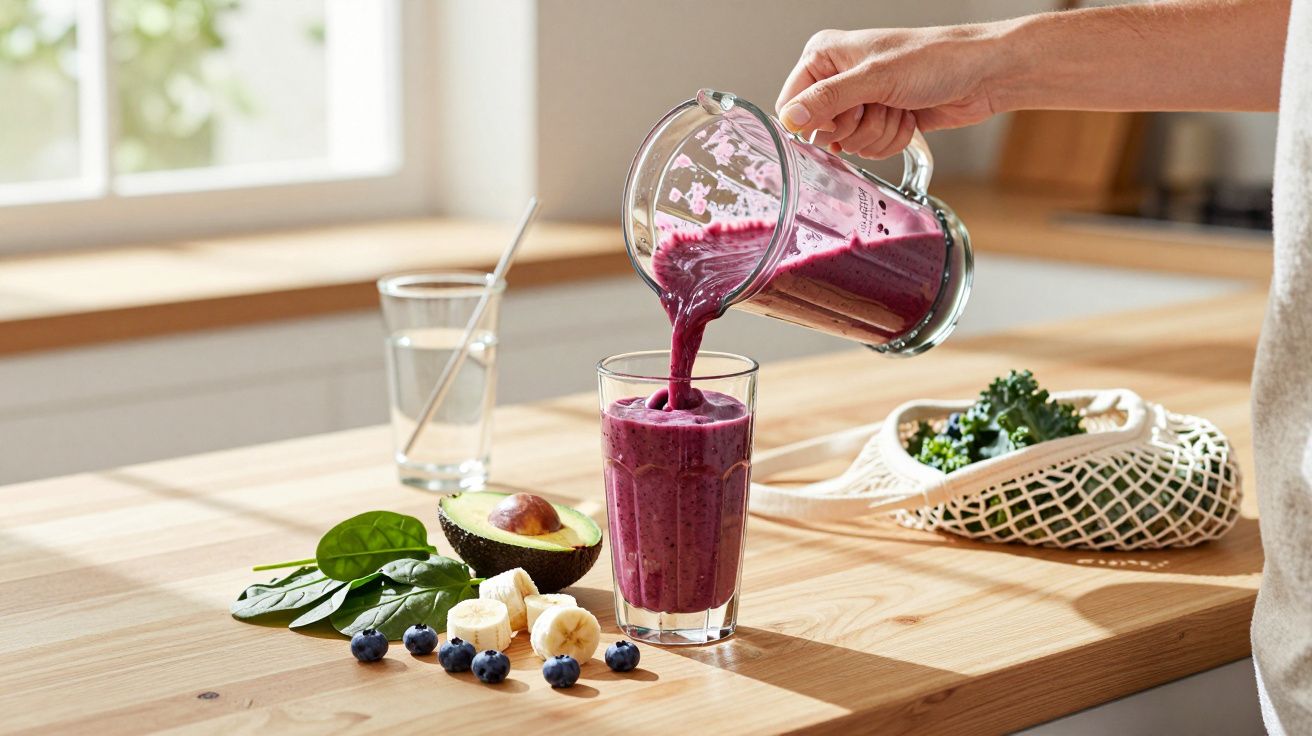 Pessoa a verter smoothie roxo num copo em bancada, com abacate, espinafres, banana e mirtilos ao lado.