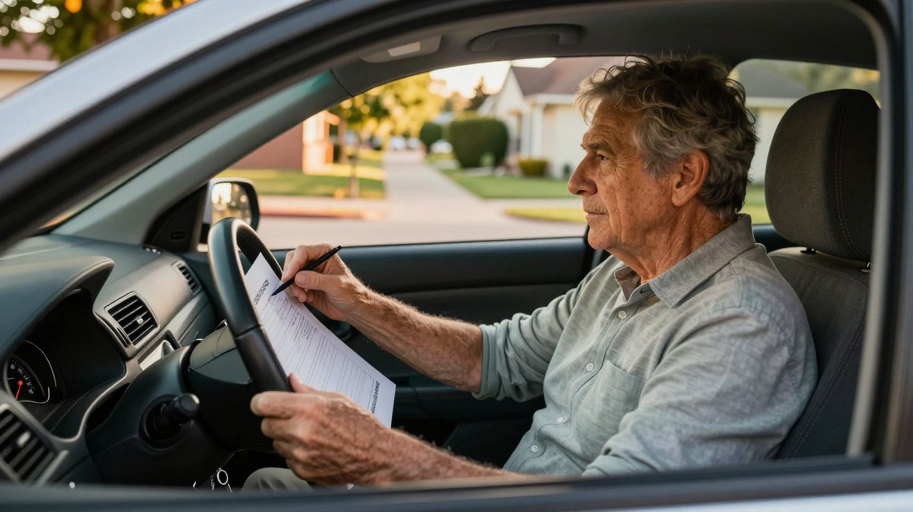 Homem idoso no carro, escrevendo num papel apoiado no volante, concentrado e focado.