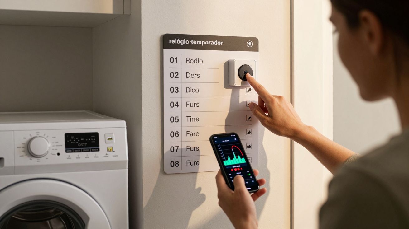 Pessoa ajusta temporizador na parede enquanto usa app no telemóvel ao lado de uma máquina de lavar roupa.