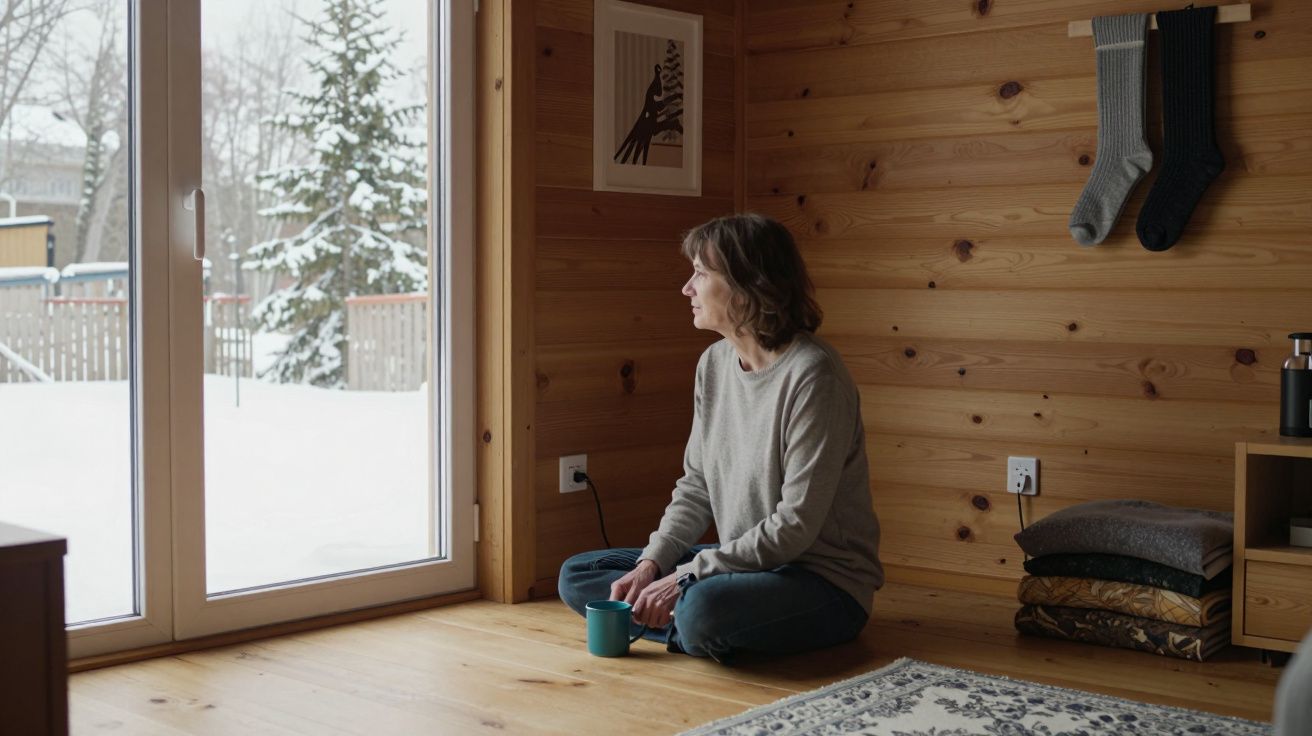 Mulher sentada no chão de madeira, olhando pela janela nevada, segurando uma caneca numa casa aconchegante.