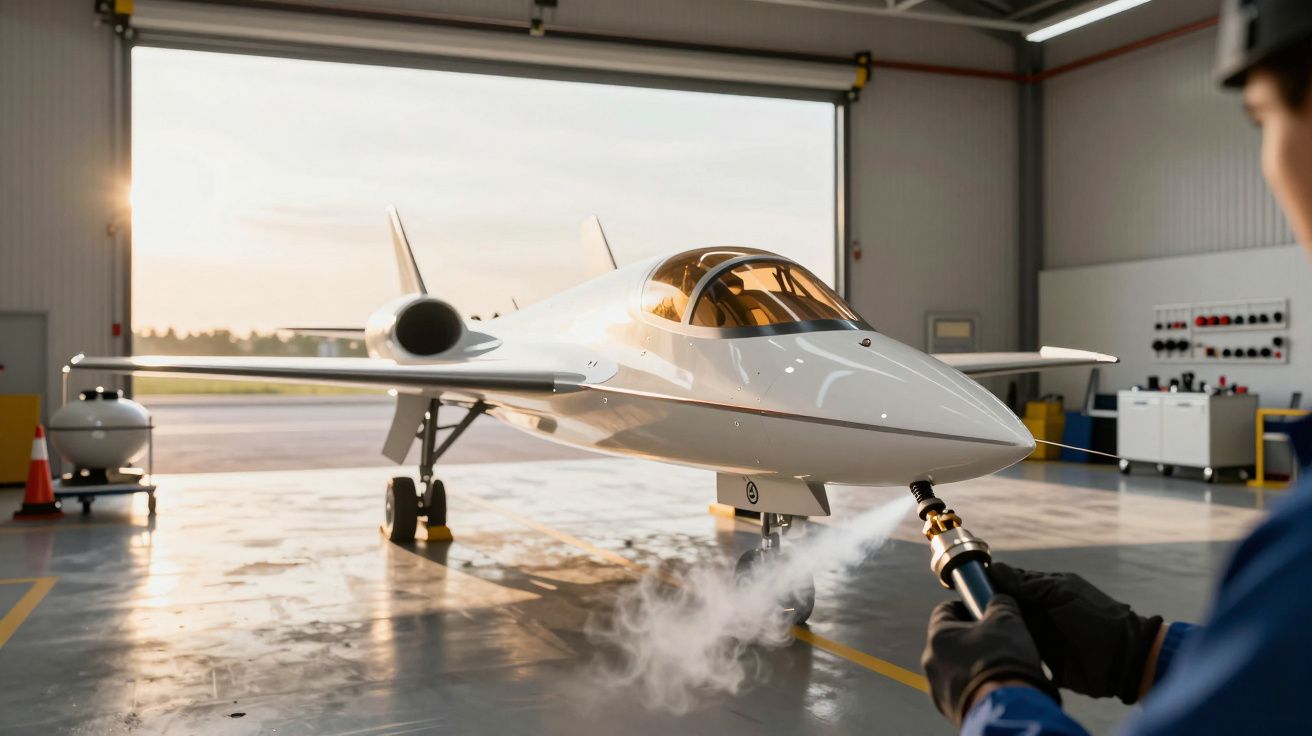 Pessoa pulveriza avião futurista num hangar iluminado ao pôr do sol.