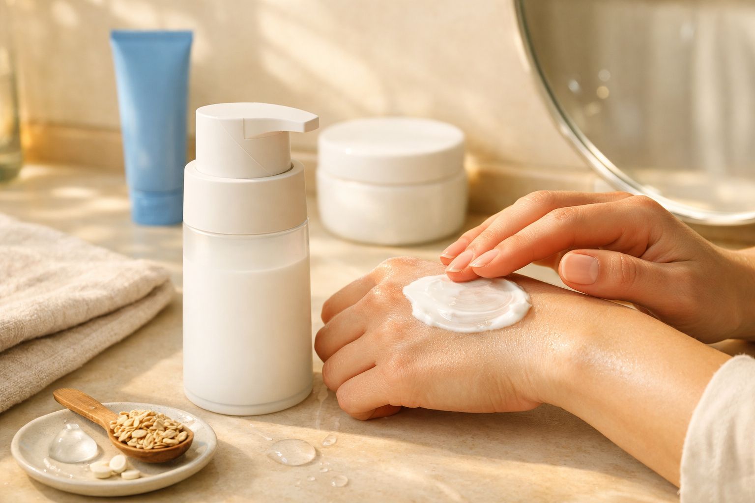 Pessoa aplica creme no braço de outra pessoa, com frascos de produtos de cuidados da pele ao lado.