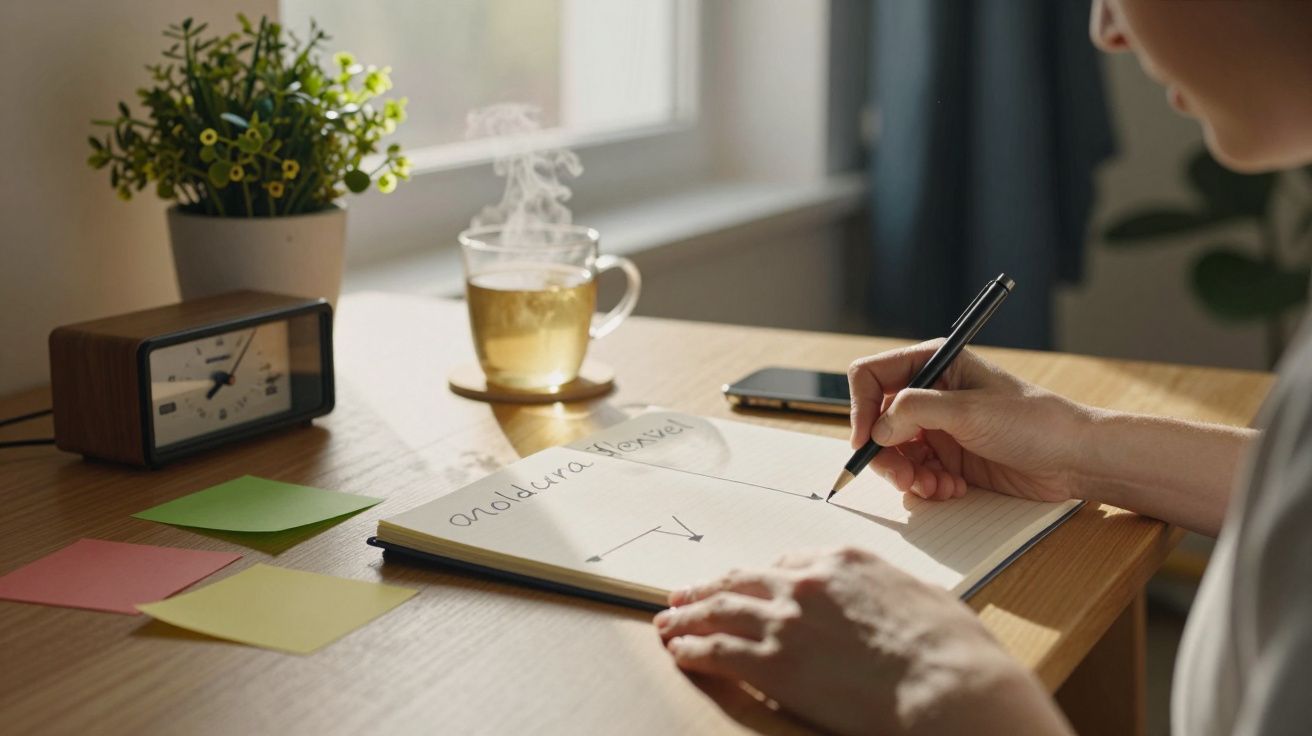 Pessoa escreve em caderno numa secretária iluminada. Há um relógio, chá fumegante e post-its coloridos.