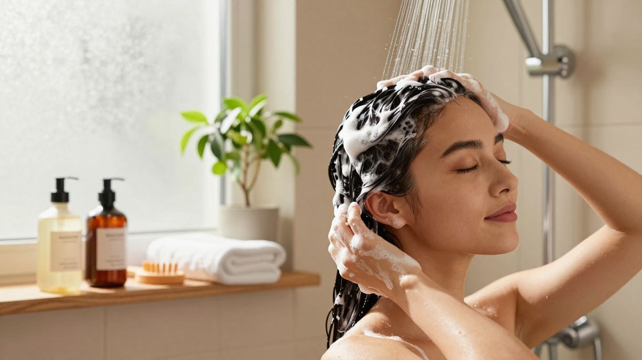 Mulher a lavar o cabelo no chuveiro, com espuma. Produtos e toalhas numa prateleira ao fundo.