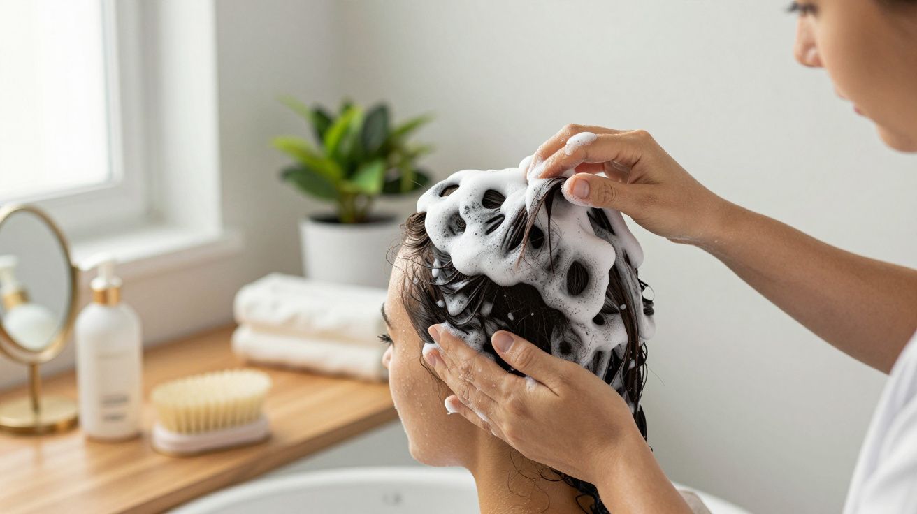 Pessoa a lavar cabelo de outra, com espuma abundante, numa casa de banho com toalhas e plantas ao fundo.