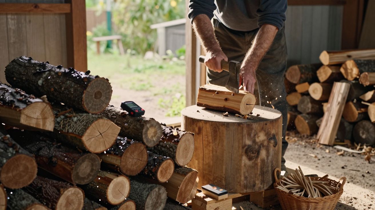 Homem a cortar lenha num tronco grande, rodeado de madeira empilhada numa oficina iluminada.