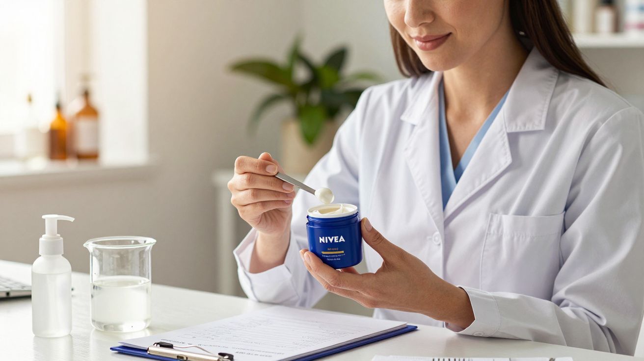 Mulher em bata branca segurando creme Nivea, com utensílios de laboratório ao fundo, num ambiente iluminado.