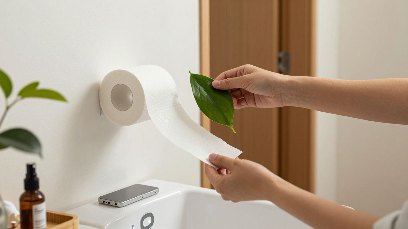 Pessoa a segurar uma folha verde e papel higiénico junto de um lavatório com um telemóvel e produtos.