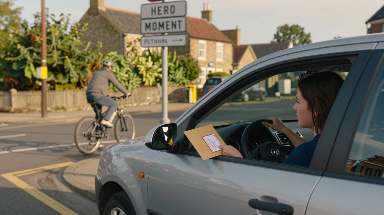 Mulher no carro segura carta, enquanto ciclista passa na rua à frente de uma placa que diz "HERO MOMENT".
