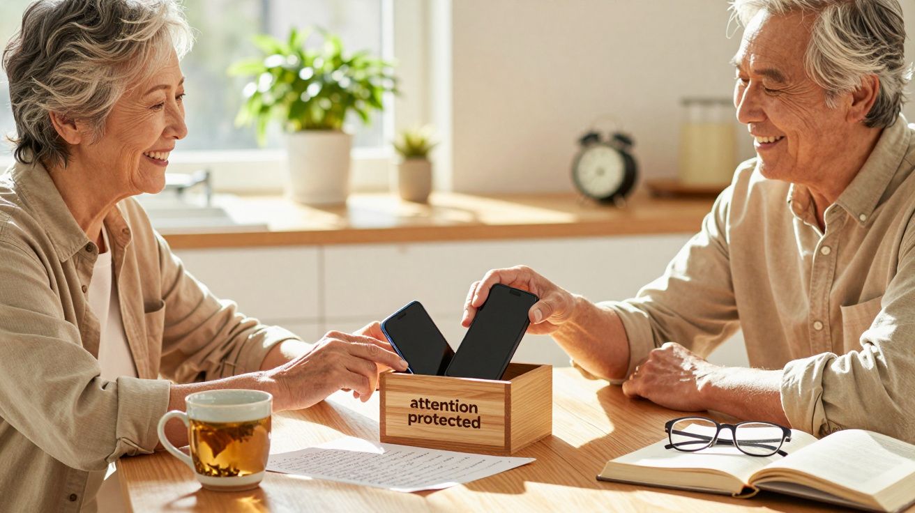 Casal idoso coloca telemóveis numa caixa de atenção protegida, com livros e chá na mesa.