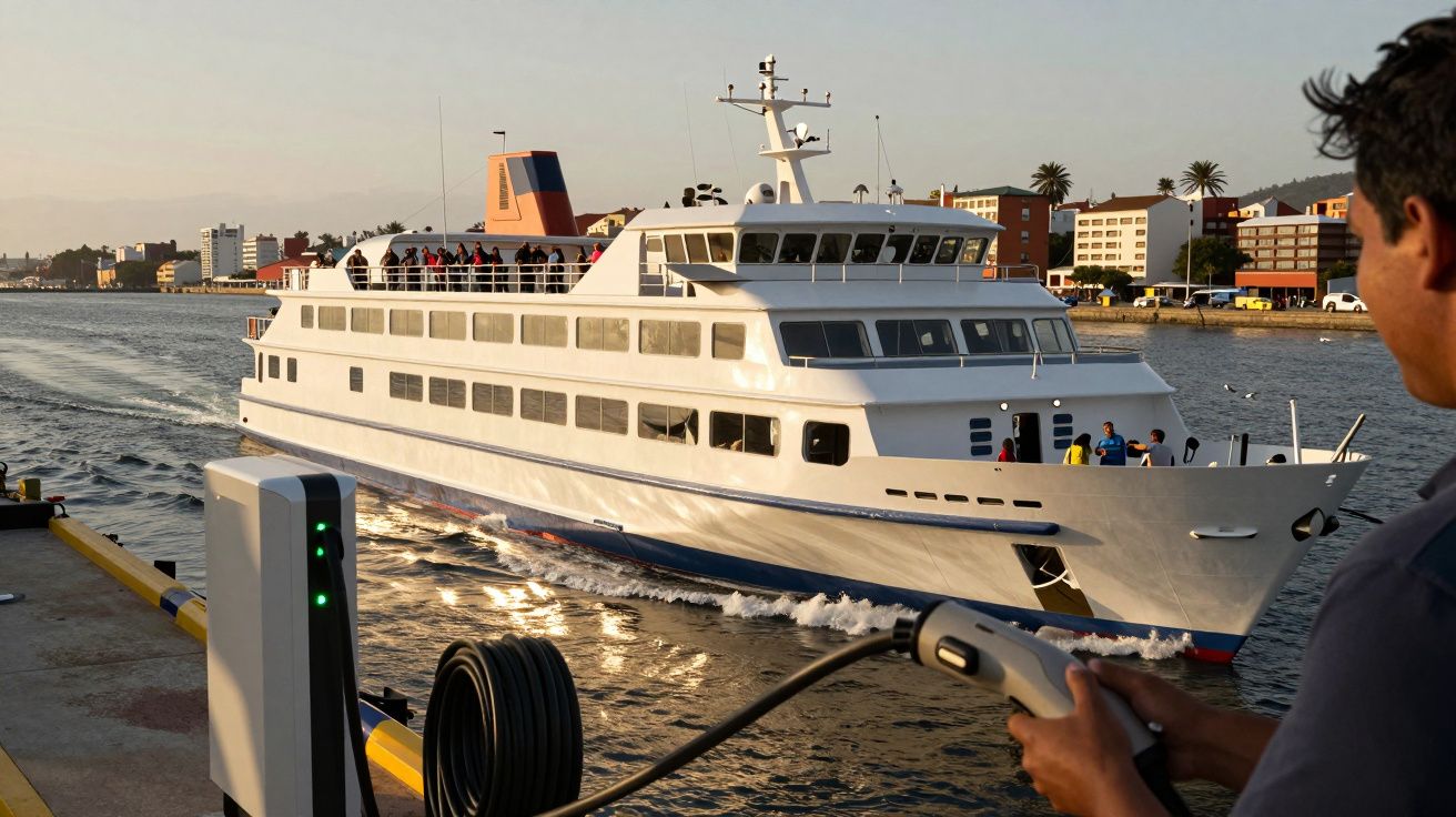 Ferry elétrico a navegar ao longo de um cais, com edifícios ao fundo e uma pessoa a segurar um cabo de carregamento.