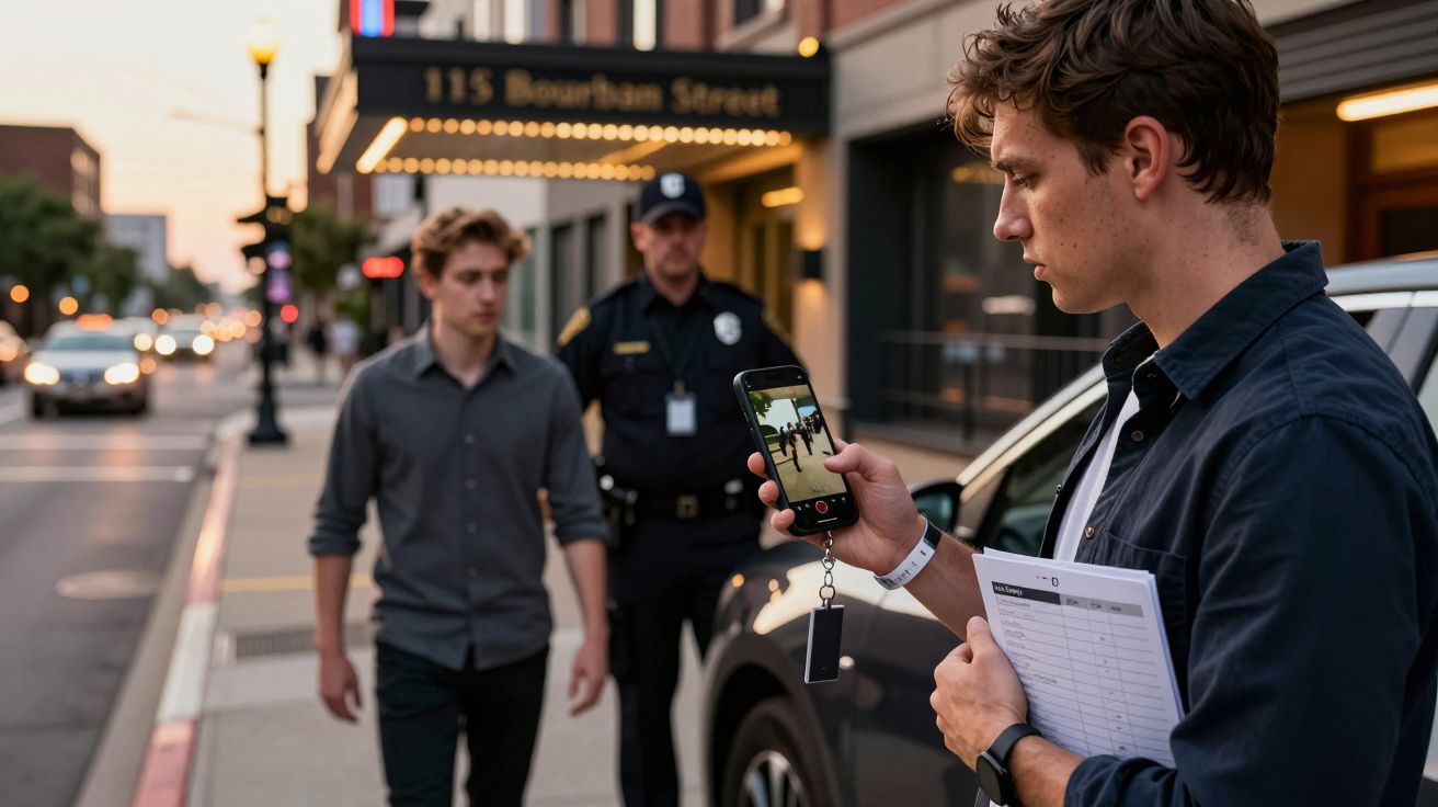 Homem usando smartphone na rua, perto de um carro, polícia ao fundo, à noite em ambiente urbano.