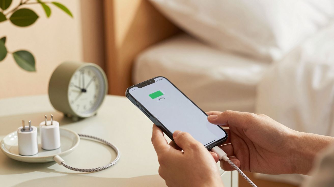 Pessoa segura smartphone a carregar com 50% de bateria numa mesa com relógio e carregador.