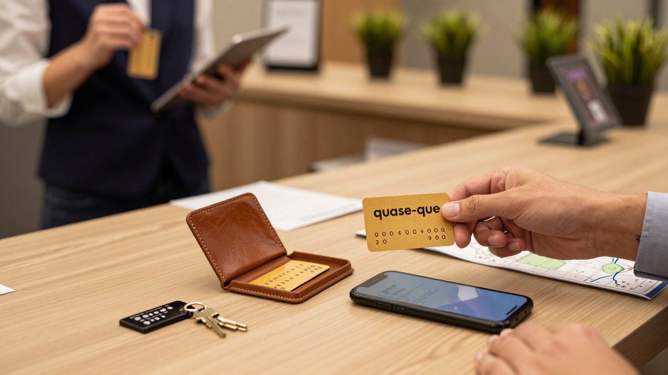 Pessoa segura cartão quase-que num balcão, com telemóvel, carteira e chaves à vista.