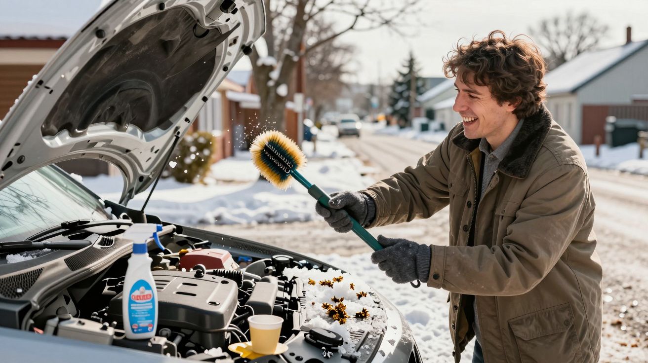 Homem a limpar o motor do carro na neve com escova e produto de limpeza, sorrindo numa rua residencial.