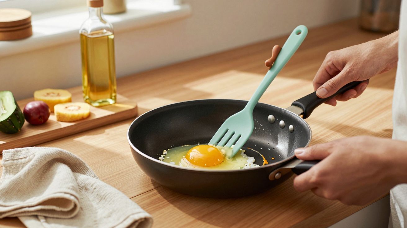 Pessoa a cozinhar um ovo estrelado numa frigideira com uma espátula, ao lado de uma garrafa de azeite e legumes.