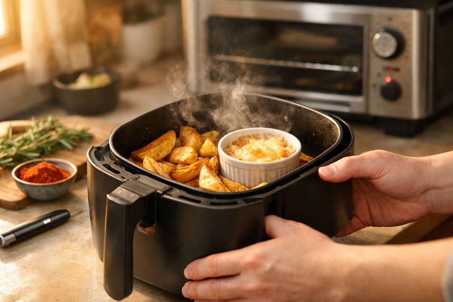 Fritadeira a ar quente com coxa de frango e vegetais a serem retirados por uma pessoa numa cozinha moderna.