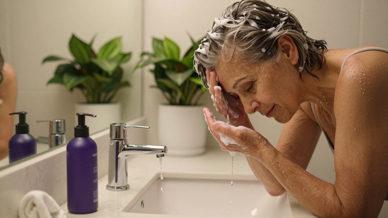 Mulher madura lava o cabelo numa casa de banho moderna, com plantas ao fundo e produtos na bancada.