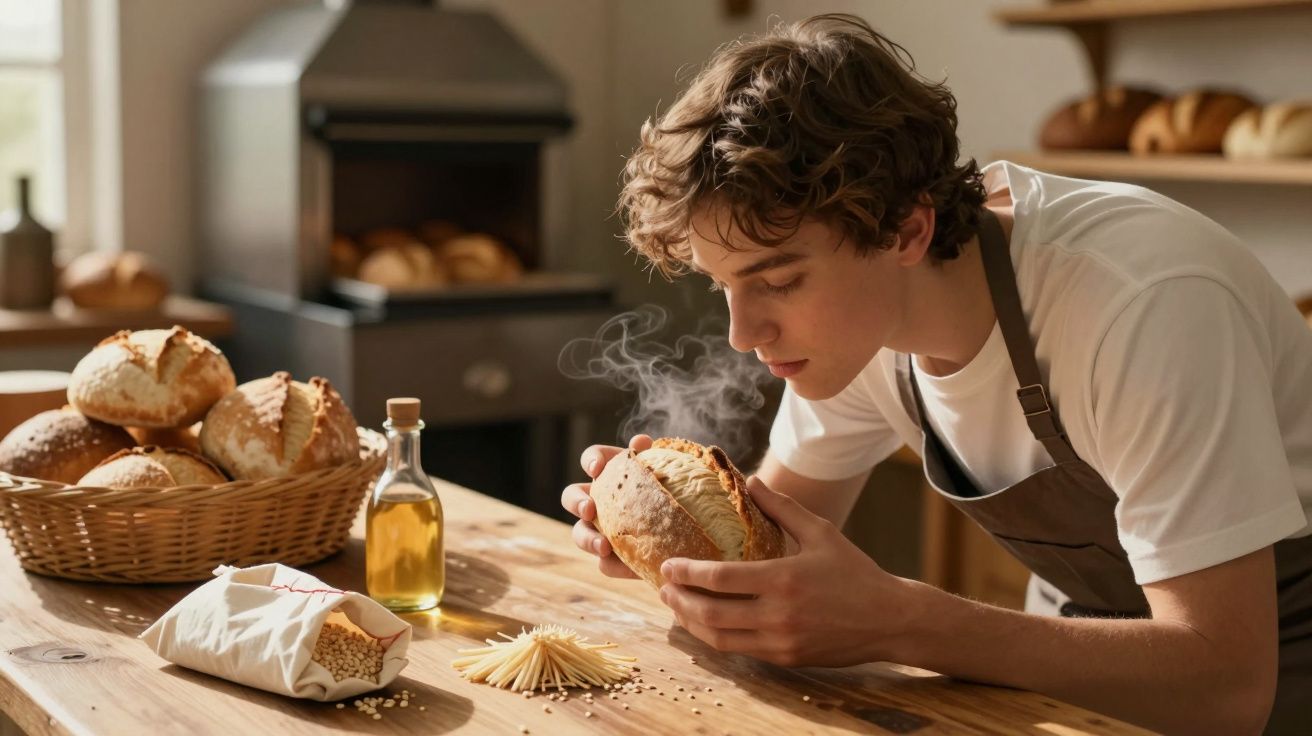 Homem cheira pão fresco em padaria, mesa com garrafa de azeite e cesto de pães ao fundo.