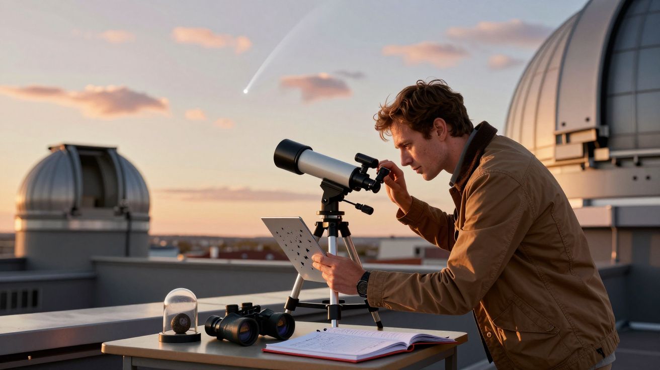 Homem observa estrelas com telescópio num telhado ao entardecer, com um cometa visível no céu.