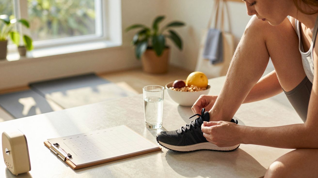 Mulher a atar os ténis, com copo de água e frutas sobre a mesa. Bloco de notas ao lado em ambiente iluminado.