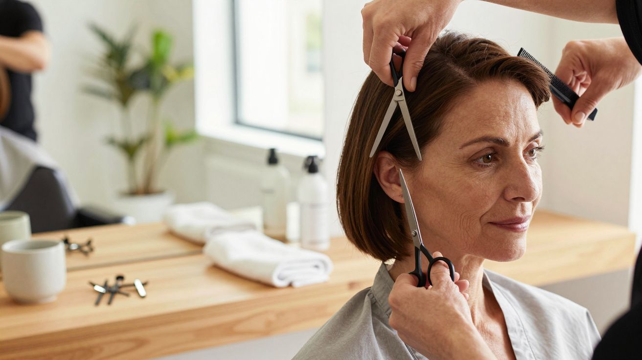 Mulher a cortar cabelo curto num salão, com espelhos e produtos ao fundo.