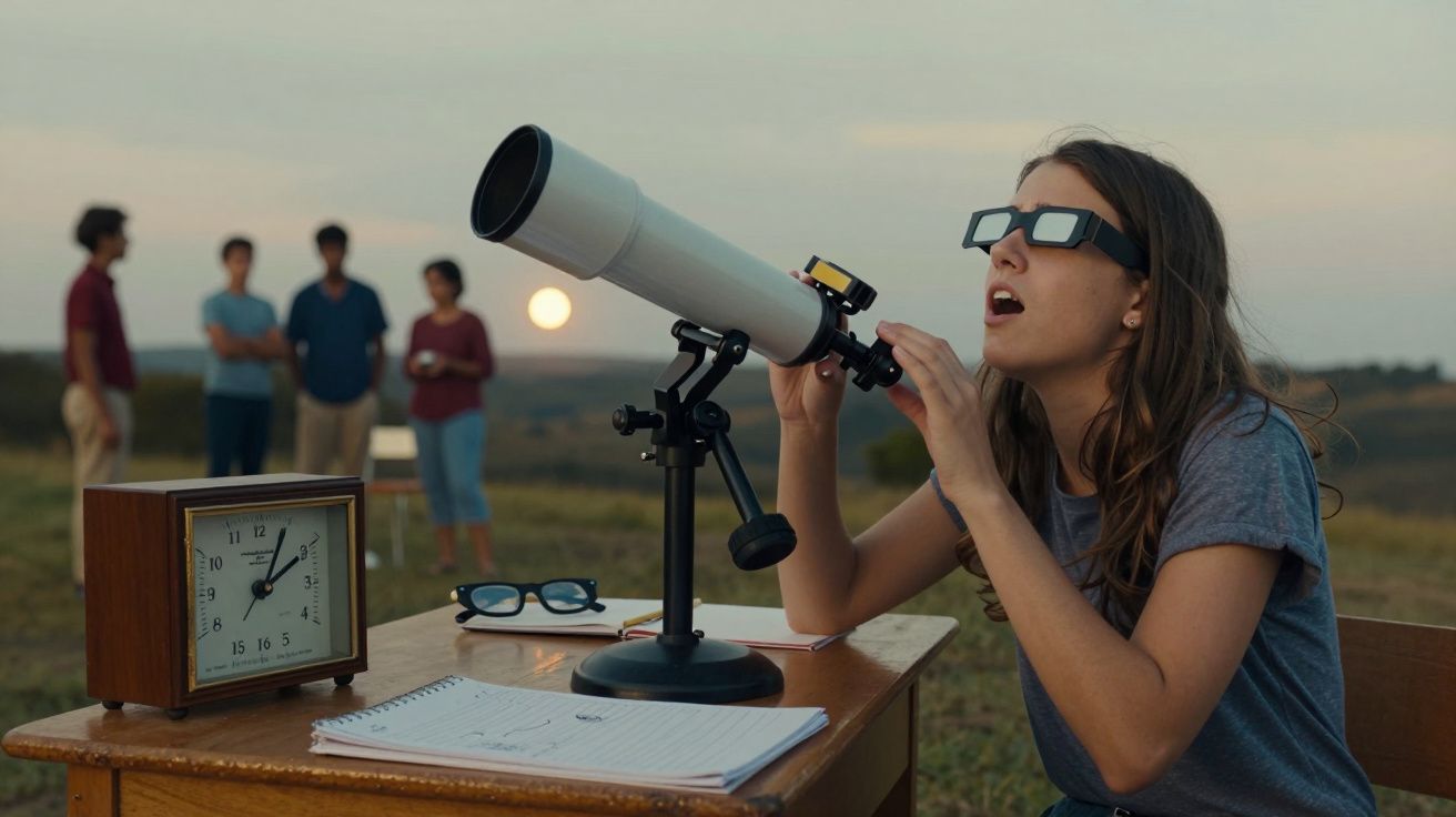 Jovem observa o céu com telescópio e óculos de proteção ao pôr-do-sol; outras pessoas ao fundo.