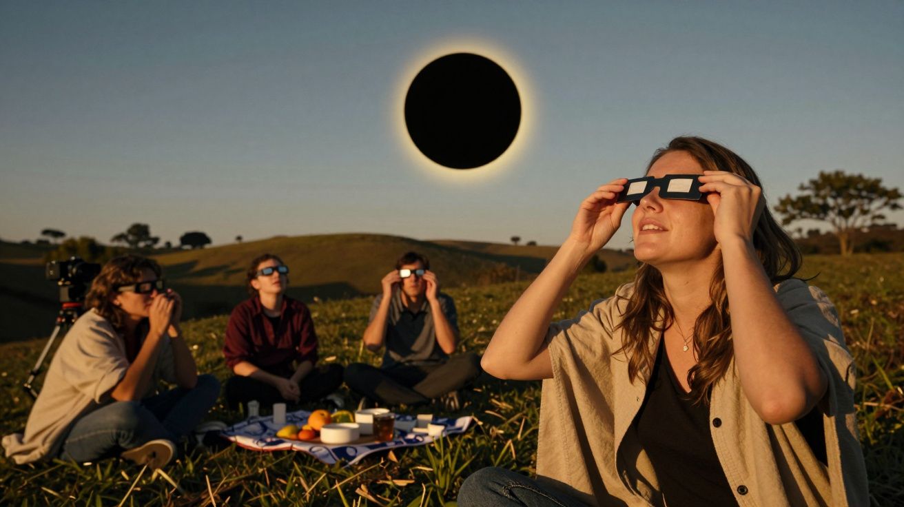 Grupo de pessoas a observar um eclipse solar usando óculos especiais, sentados num campo com um piquenique.
