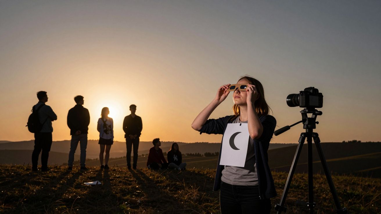 Grupo de pessoas observa o pôr do sol; mulher em primeiro plano usa óculos especiais; câmara e tripé à direita.