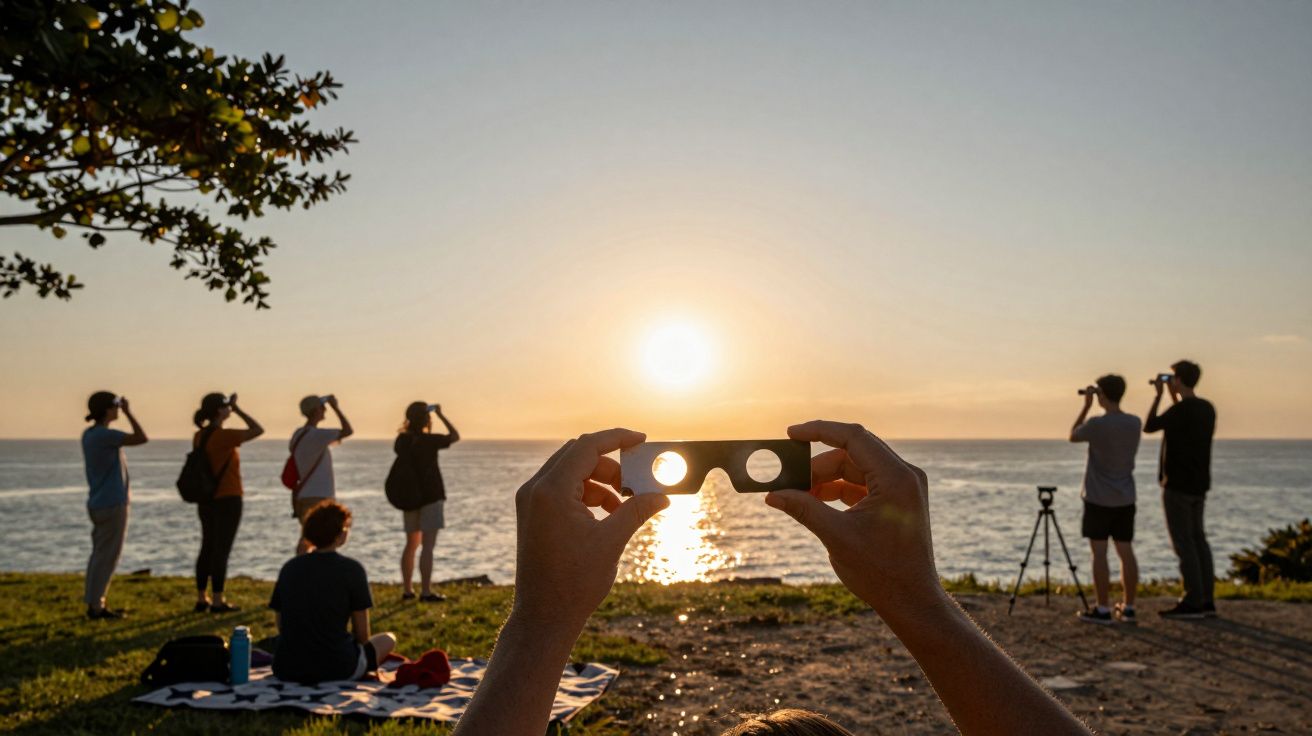 Pessoas observando o pôr do sol na praia, com um par de óculos de eclipse em primeiro plano.