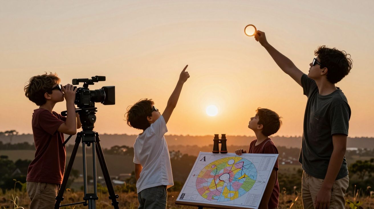 Quatro crianças observam o pôr do sol com telescópio, mapa e binóculos num campo.