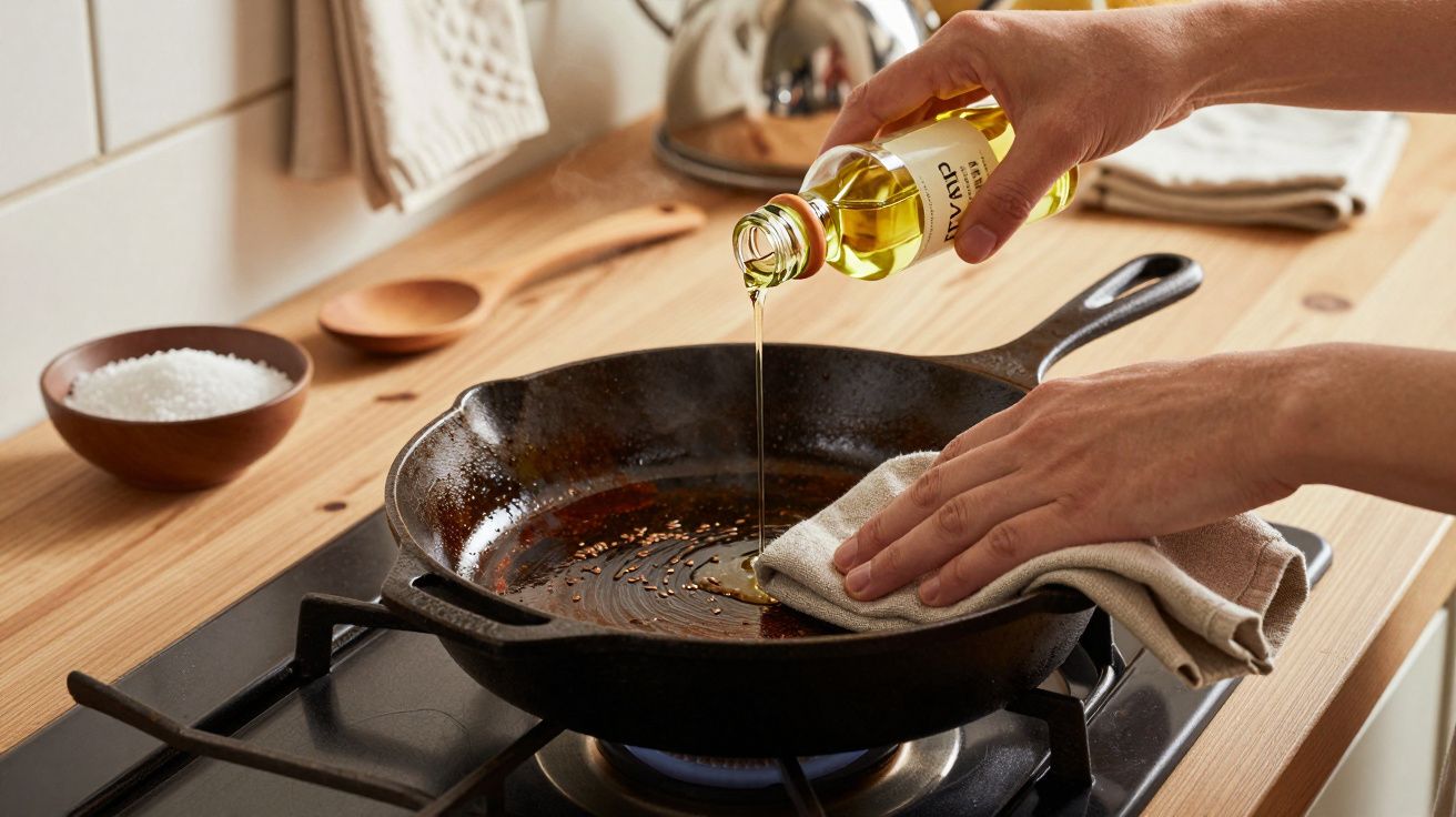 Mãos aplicam óleo numa frigideira de ferro fundido aquecida, usando um pano, numa cozinha com bancada de madeira.