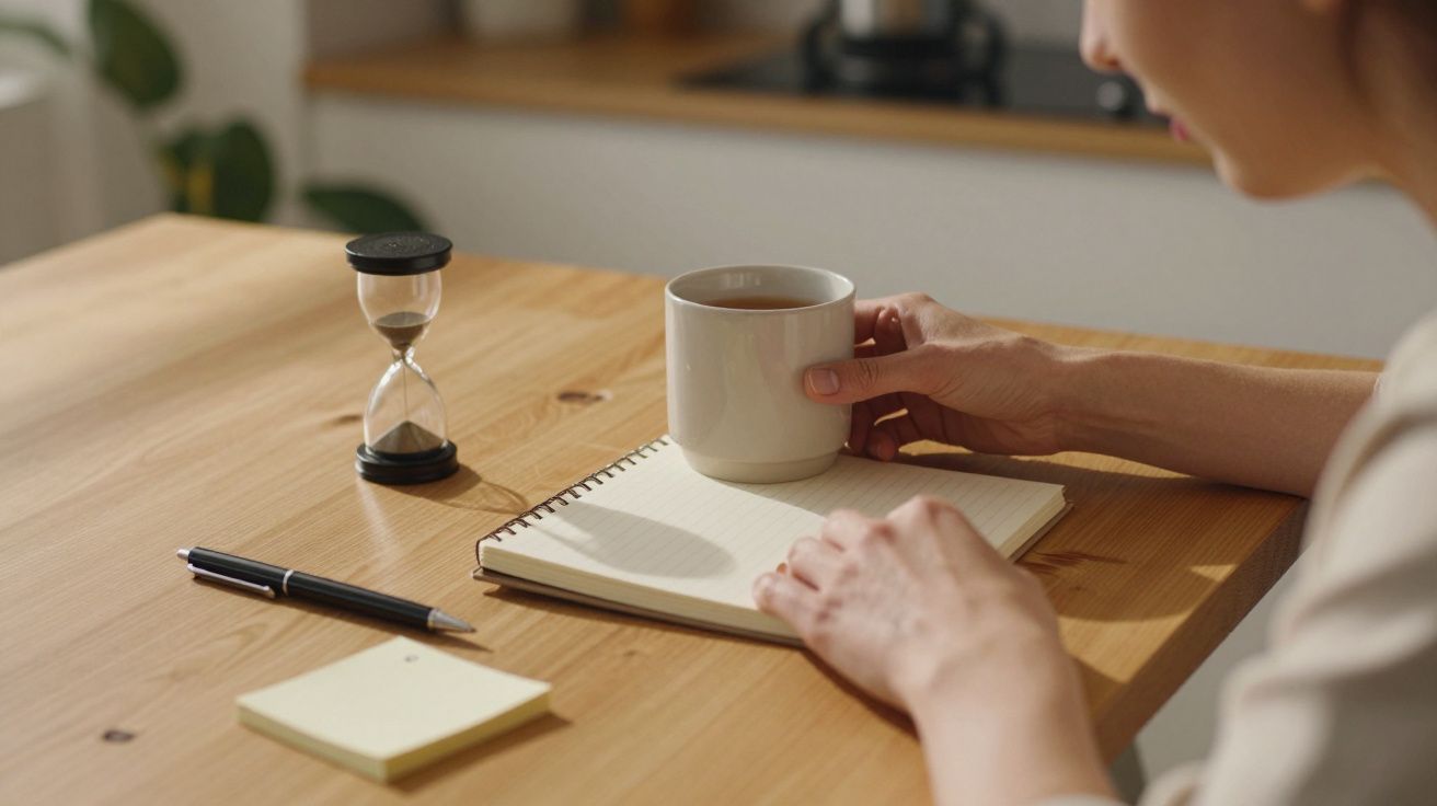 Pessoa segurando chávena e caderno, ampulheta e caneta sobre mesa de madeira.