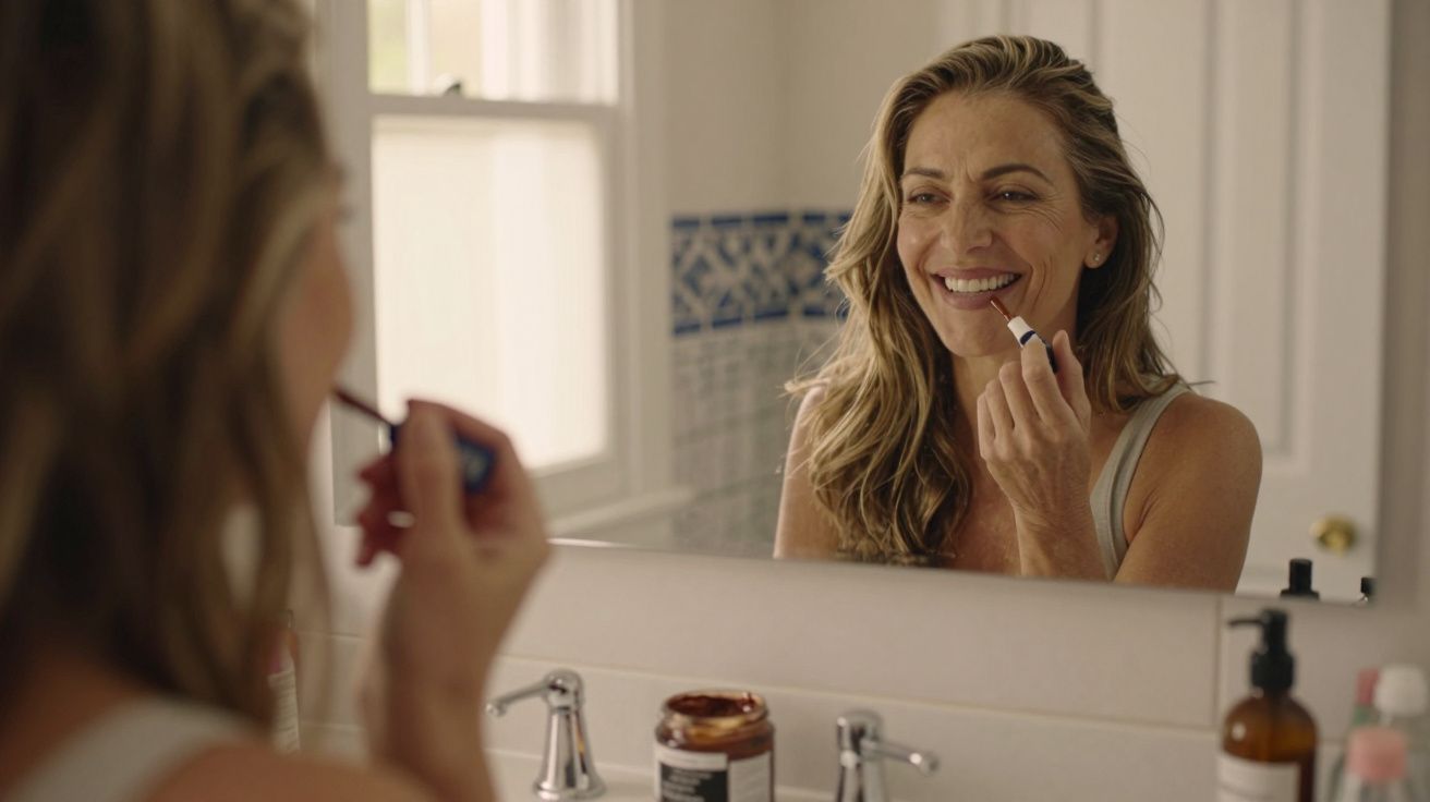 Mulher em frente ao espelho, sorrindo e aplicando batom, com produtos de cuidados pessoais na bancada.