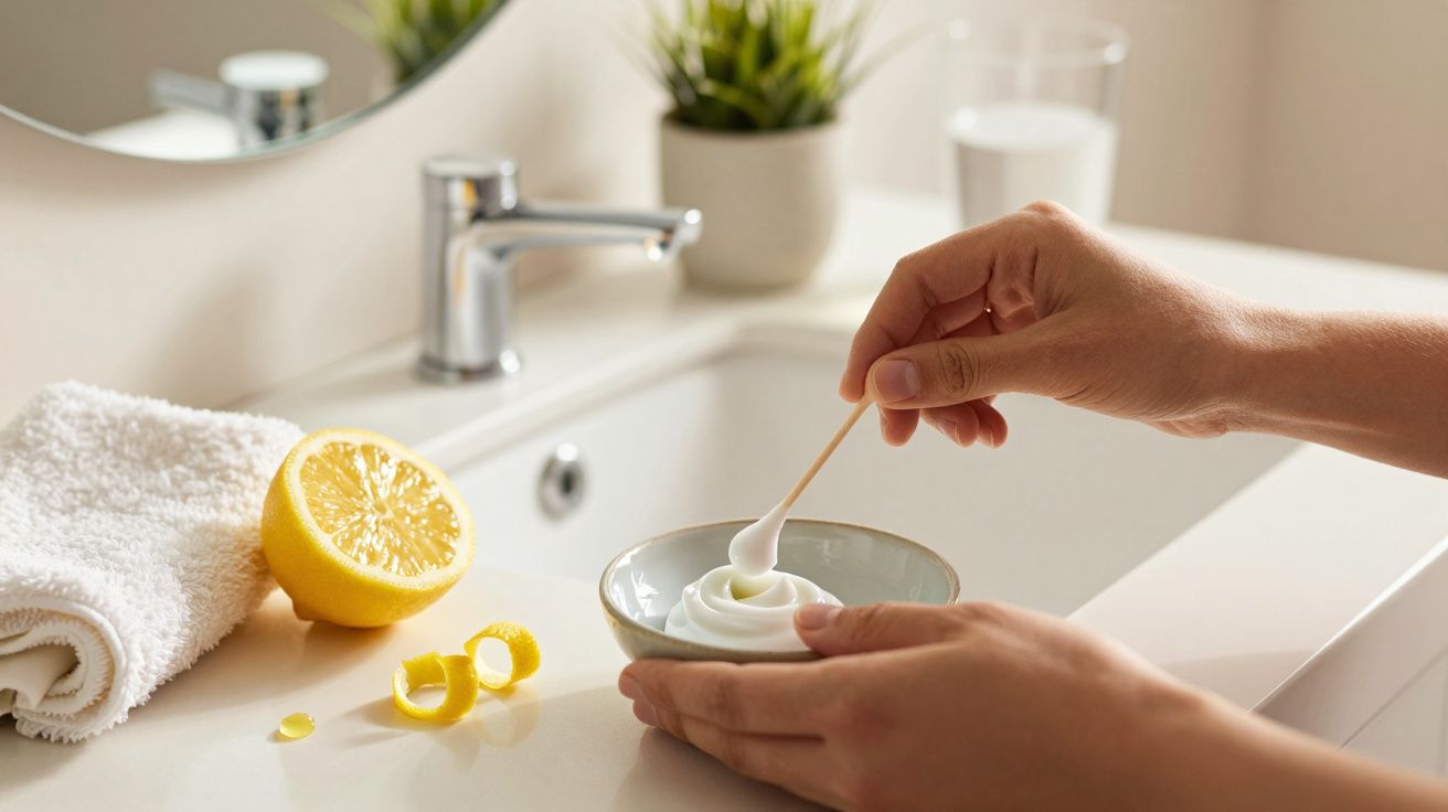 Mãos misturando creme com um cotonete, limão cortado e toalha na bancada da casa de banho.