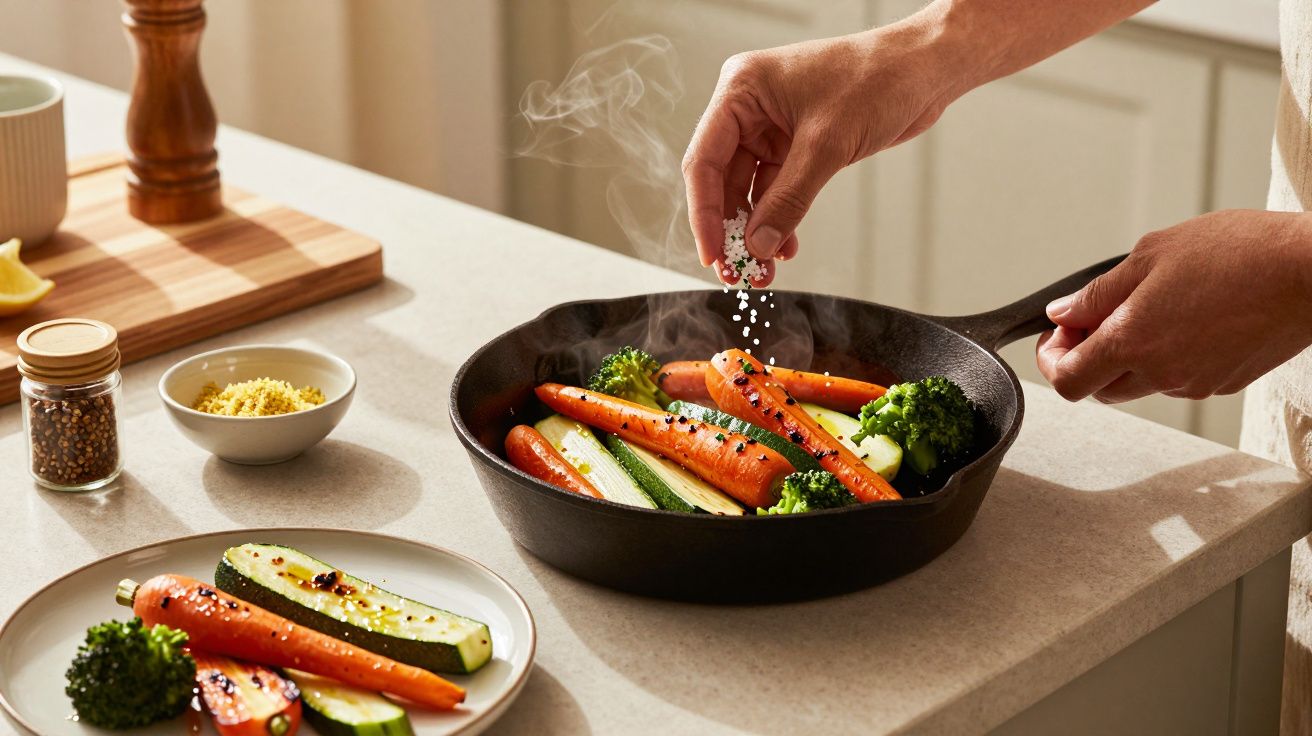 Pessoa tempera legumes salteados numa frigideira de ferro fundido, com tigelas e pratos ao redor.