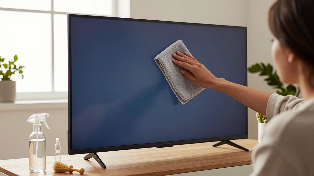 Pessoa a limpar um ecrã de televisão com um pano cinzento, numa sala iluminada, com plantas ao fundo.